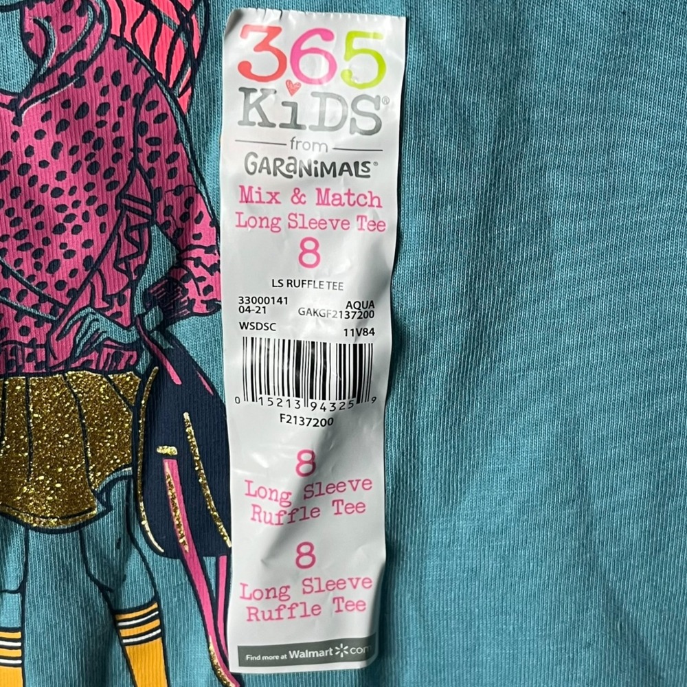 365 Kids from Garanimals Long Sleeve Ruffle Tee Girls 8 Aqua Positive Influencer - Picture 3 of 15